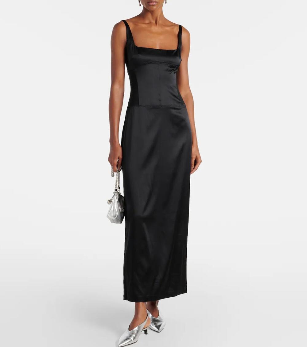 SIR. Black Sonora Satin Silk Evening Midi Dress 3 NEW Sleeveless Square Neck